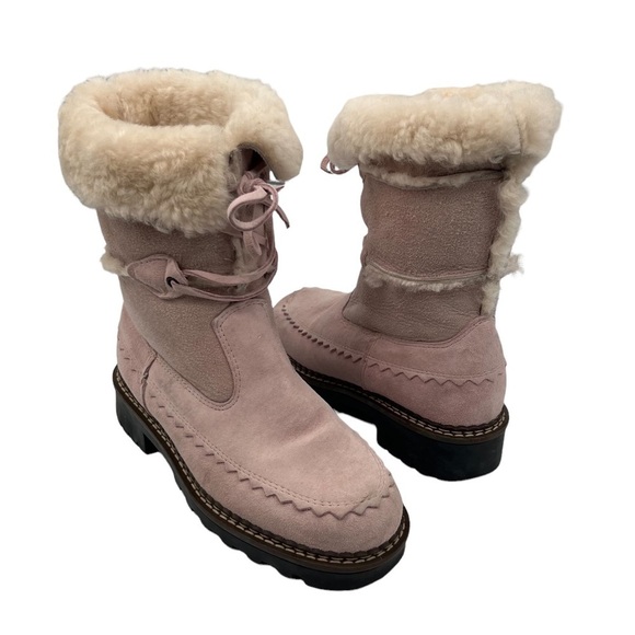 Blondo Pink Shearling Waterproof Lace Up Chunk Heel Boots Size 6 Women's - Picture 1 of 11